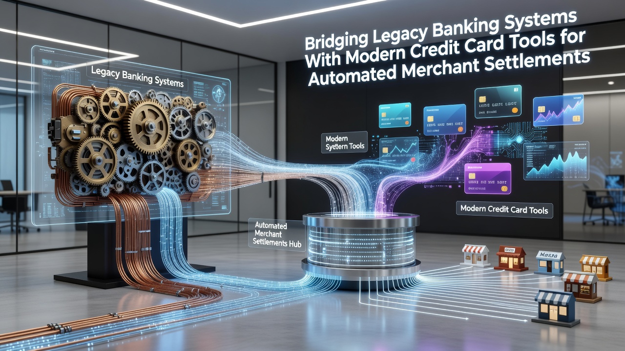 Flowchart depicting automated settlement process between credit card networks and legacy bank ledgers