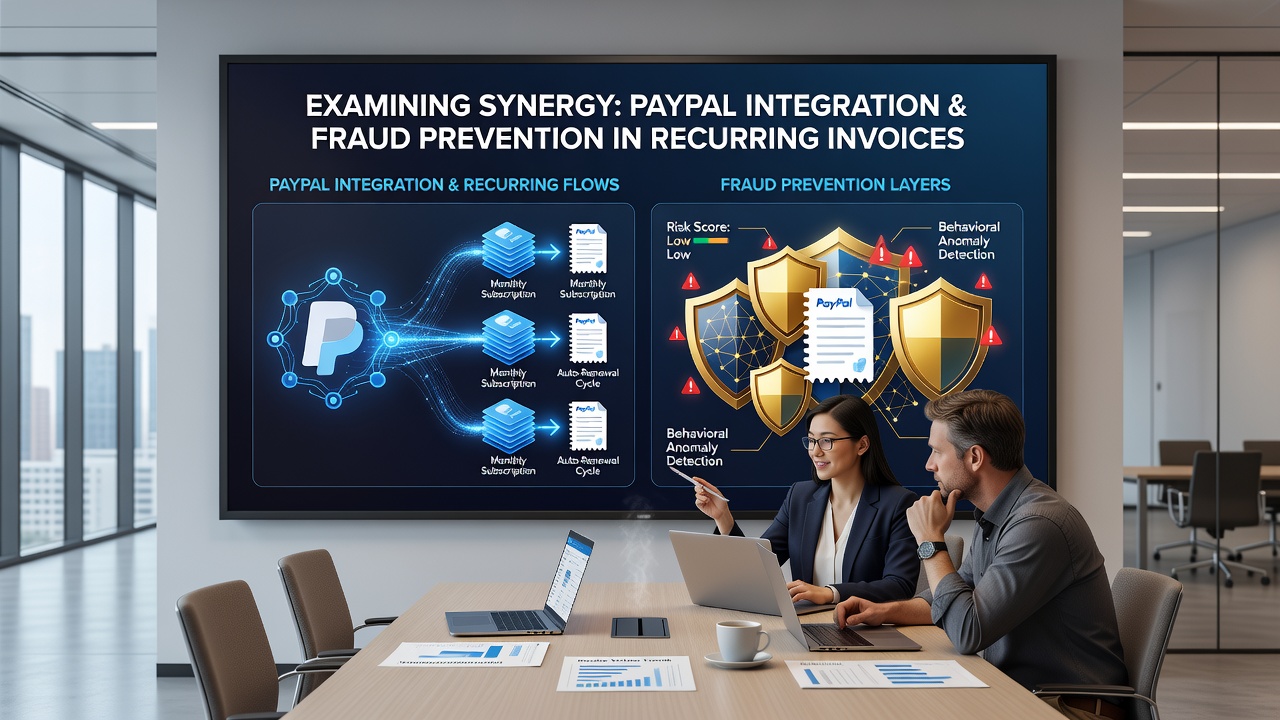 Illustration of API connections linking PayPal to fraud monitoring dashboards for subscription payments