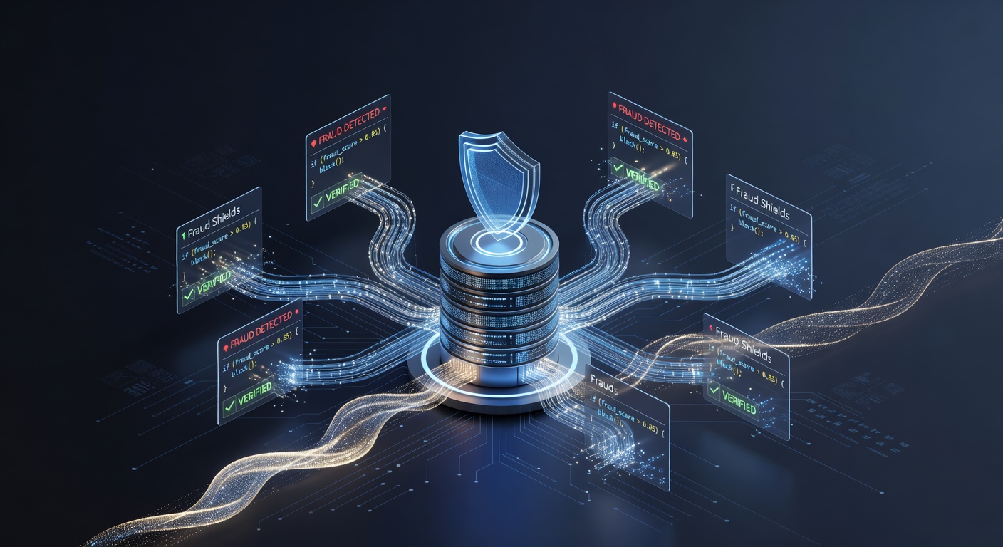 Digital shield icon overlaying a stream of subscription payment icons, symbolizing protection against fraud in recurring revenue models