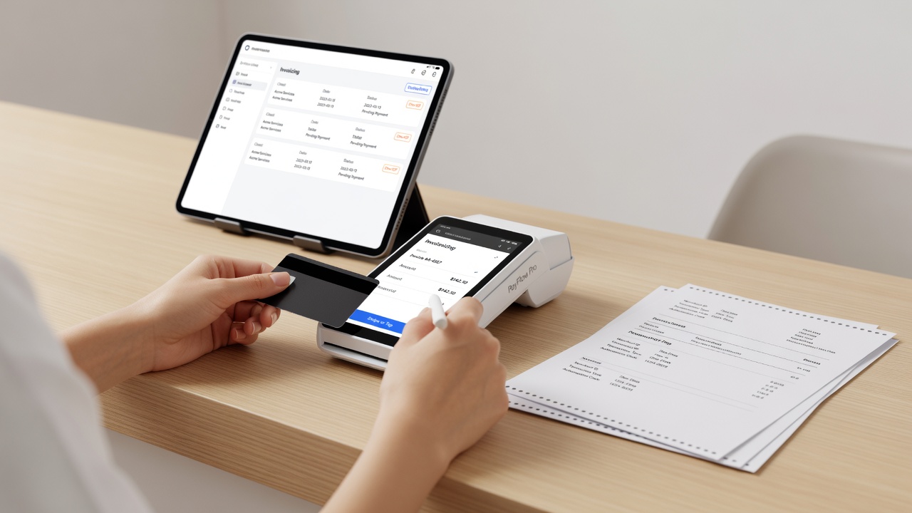 Close-up of credit card terminal displaying authorization success for invoice payment